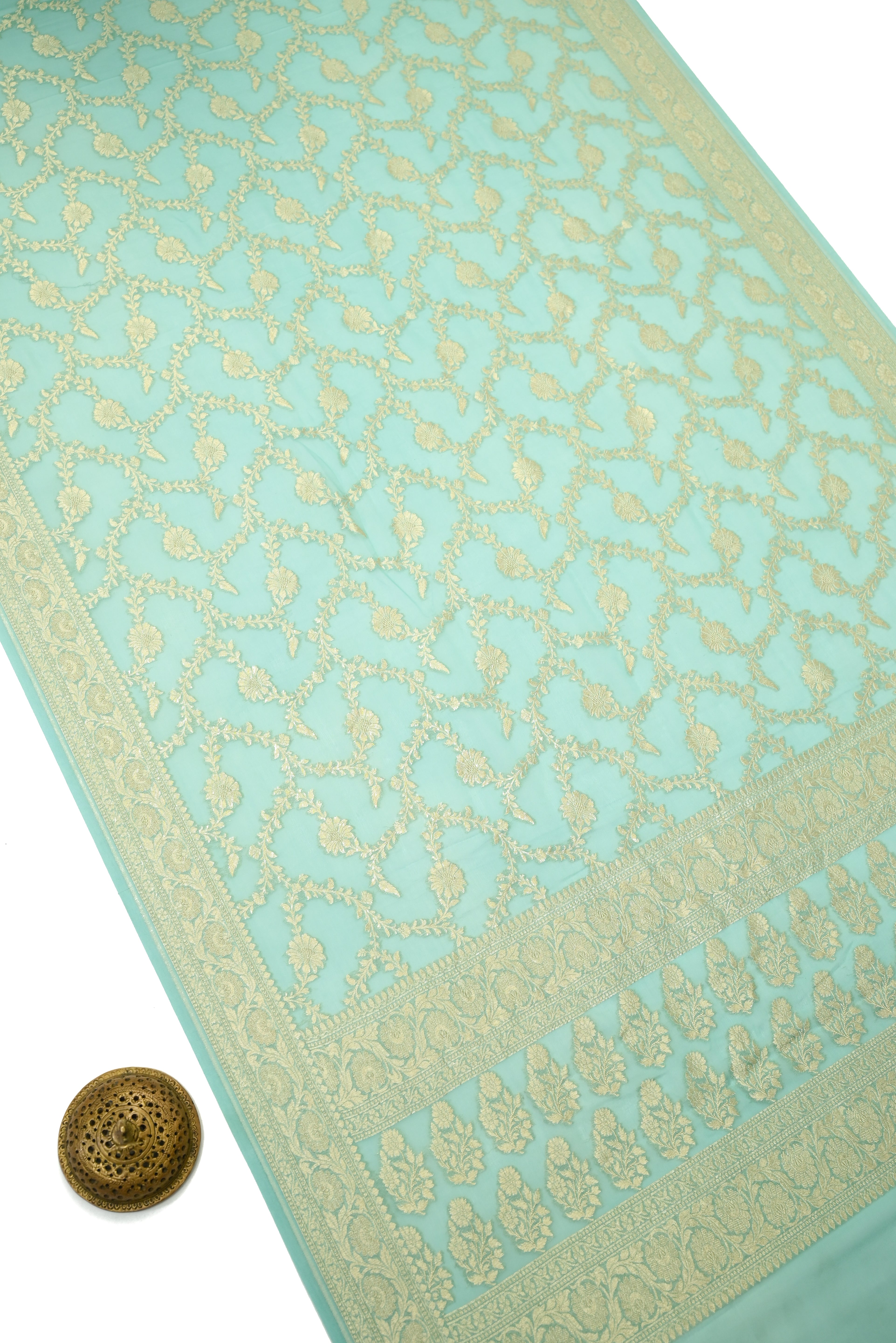 Sea Green Booti Khaddi Georgette Handloom Banarasi Suit - Sacred Weaves
