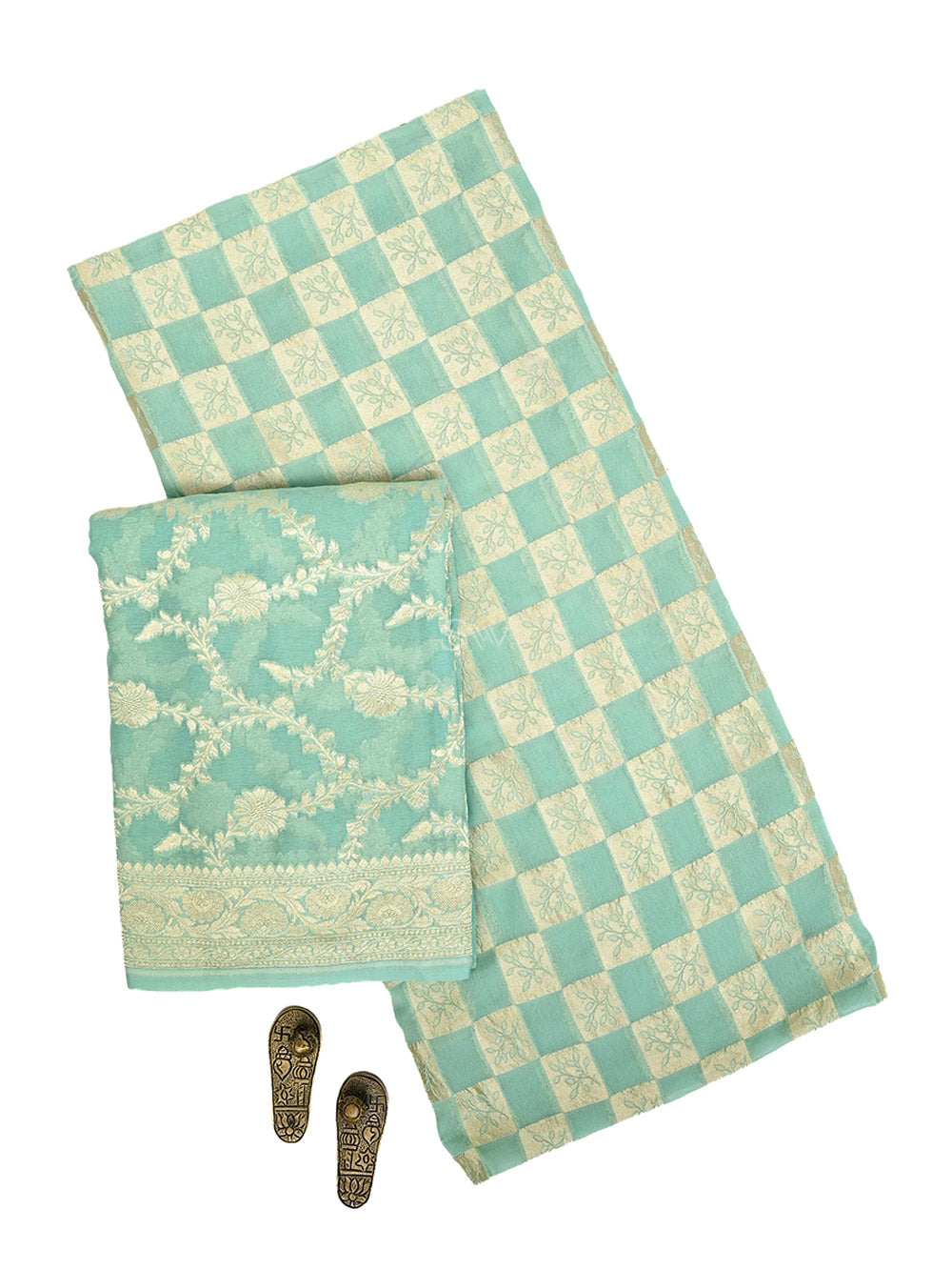 Sea Green Booti Khaddi Georgette Handloom Banarasi Suit - Sacred Weaves