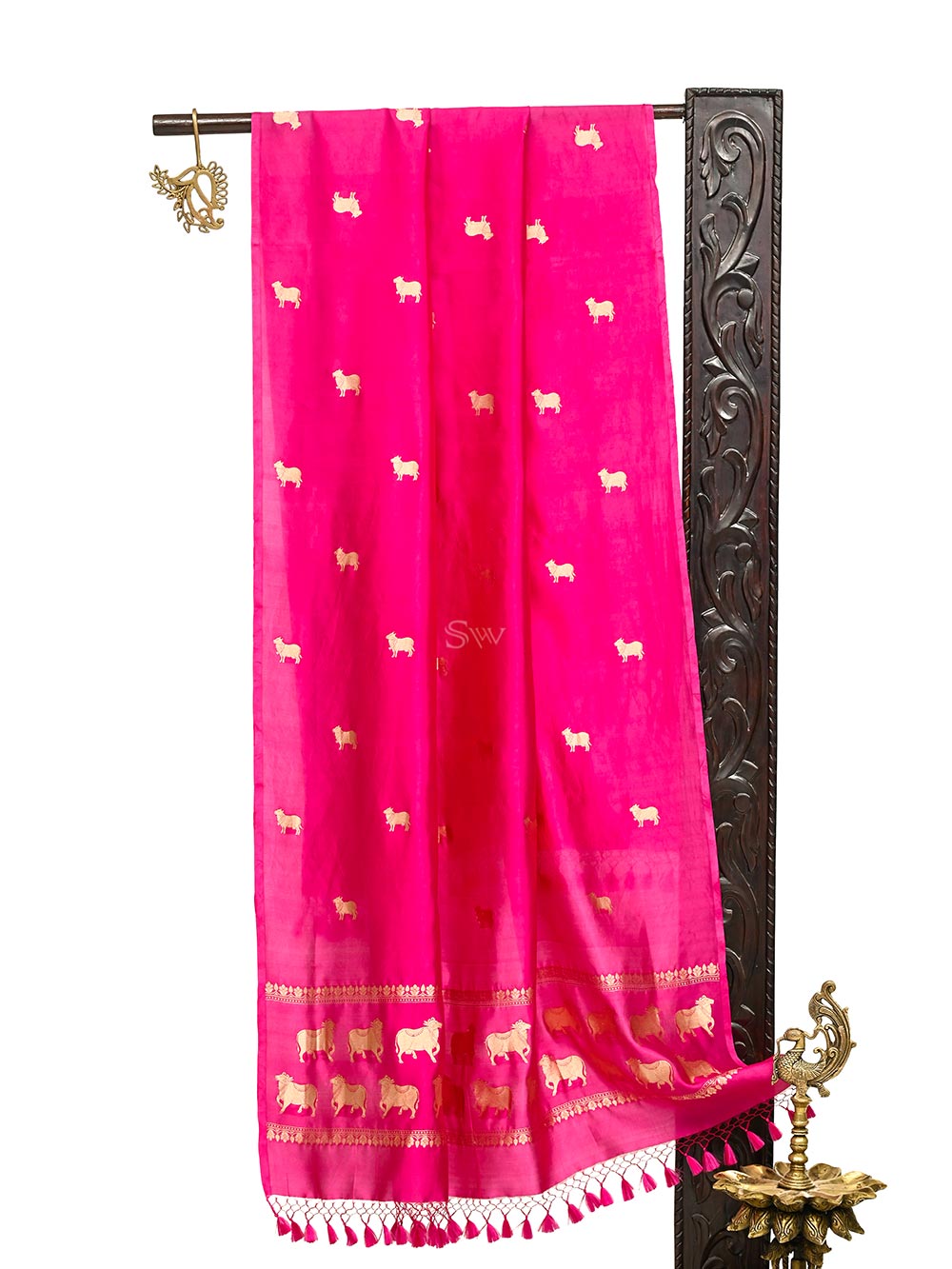Dark Pink Shikargah Katan Silk Handloom Banarasi Dupatta - Sacred Weaves