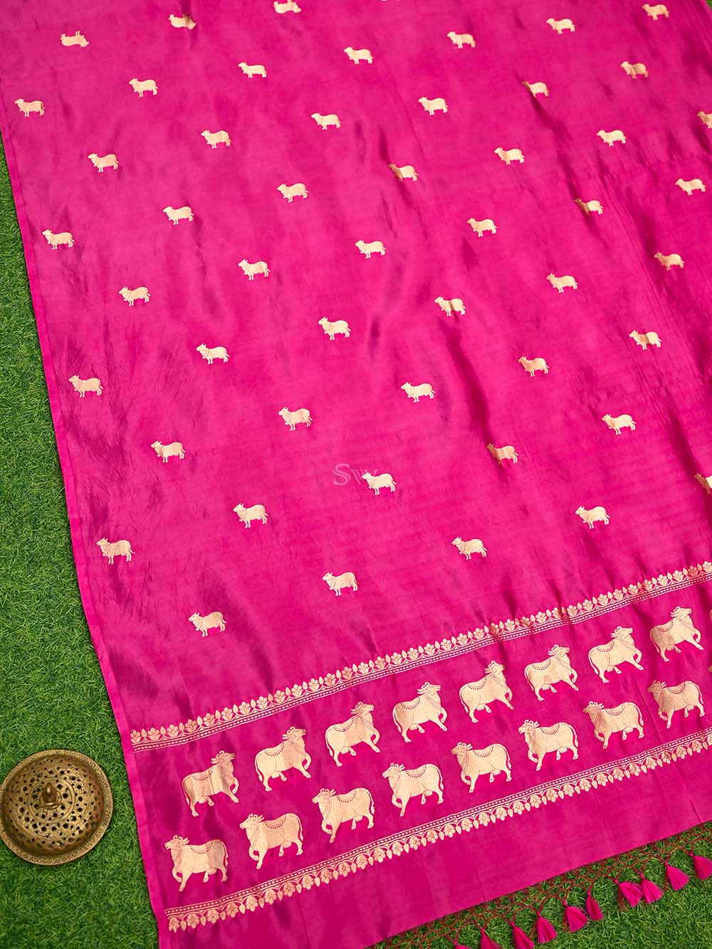 Dark Pink Shikargah Katan Silk Handloom Banarasi Dupatta - Sacred Weaves