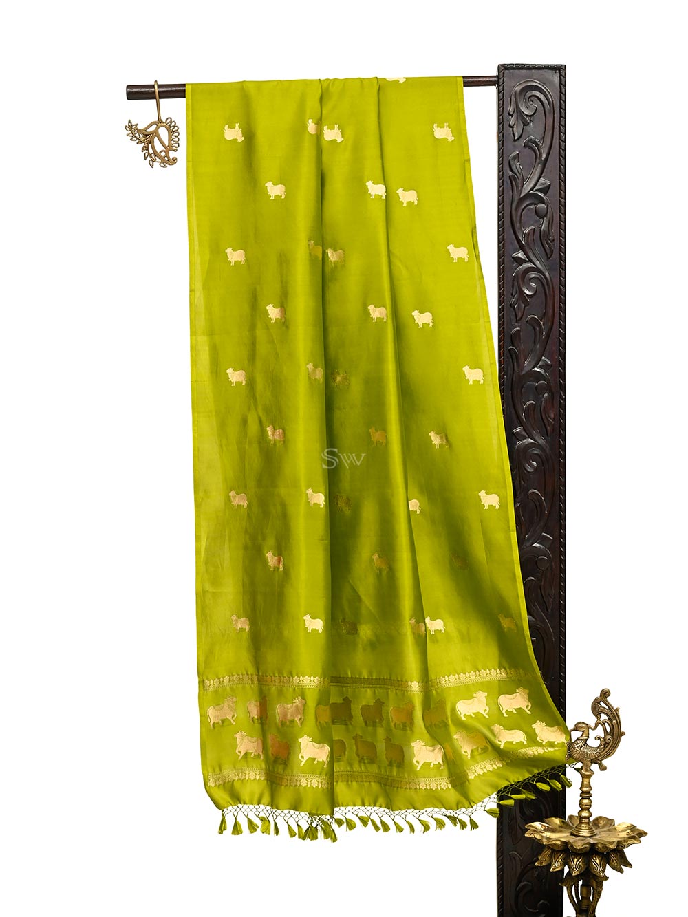 Green Shikargah Katan Silk Handloom Banarasi Dupatta - Sacred Weaves