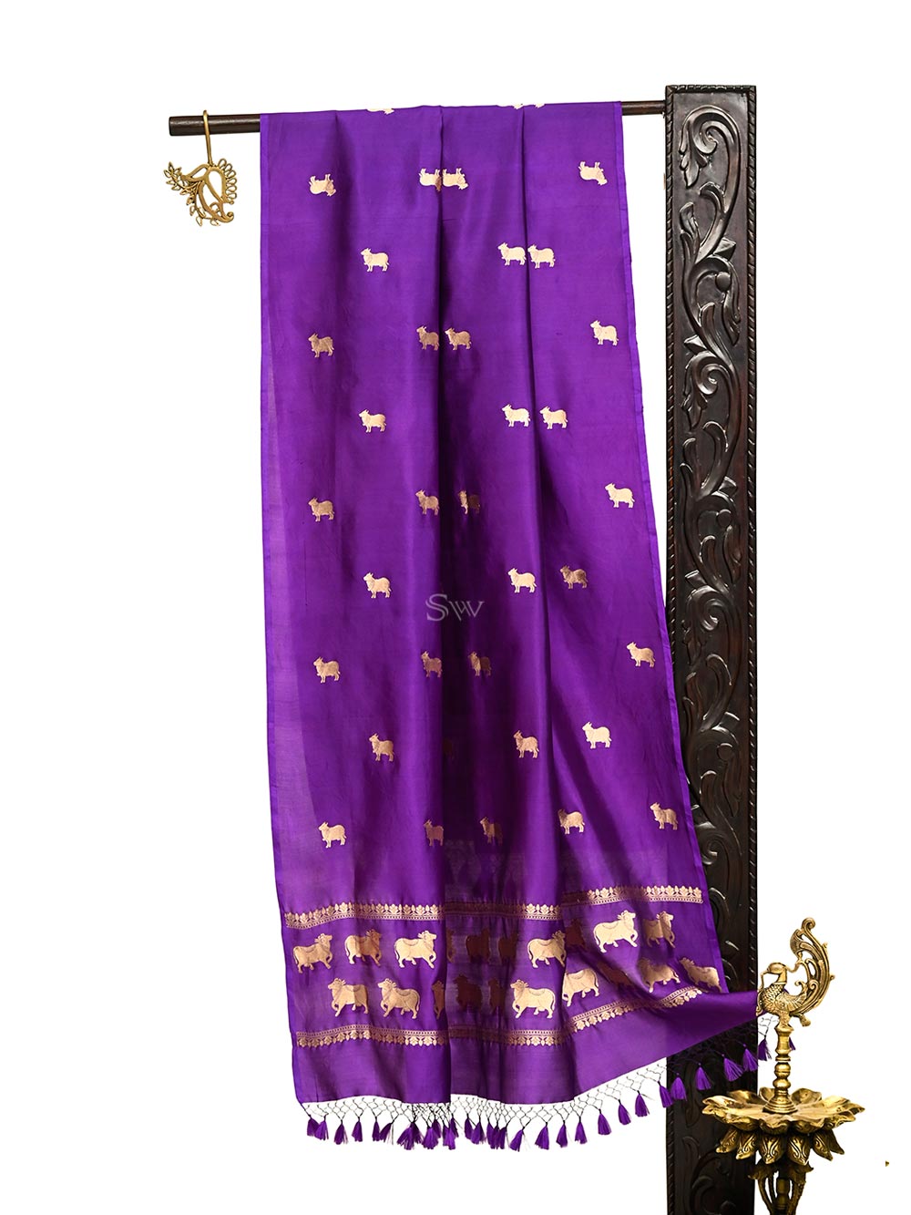 Purple Shikargah Katan Silk Handloom Banarasi Dupatta - Sacred Weaves