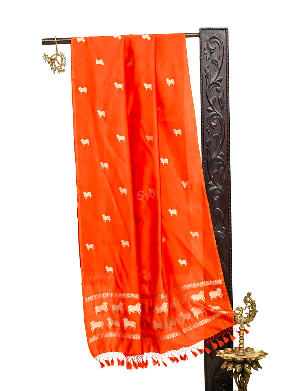 Orange Shikargah Katan Silk Handloom Banarasi Dupatta - Sacred Weaves