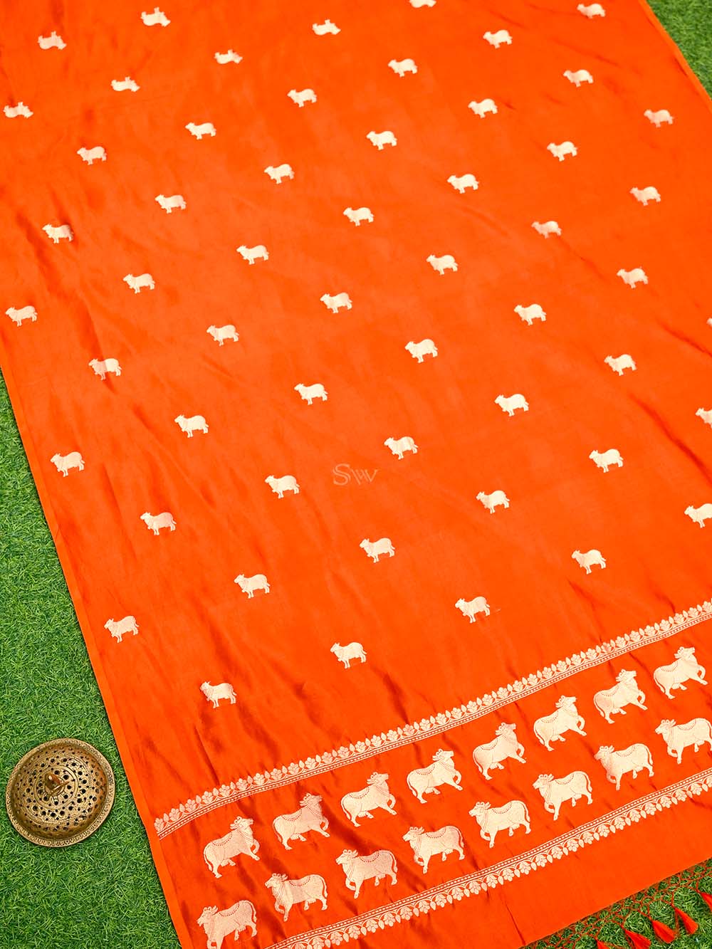 Orange Shikargah Katan Silk Handloom Banarasi Dupatta - Sacred Weaves