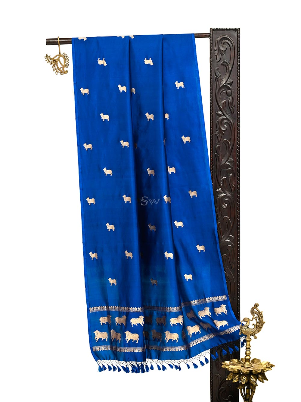 Blue Shikargah Katan Silk Handloom Banarasi Dupatta - Sacred Weaves