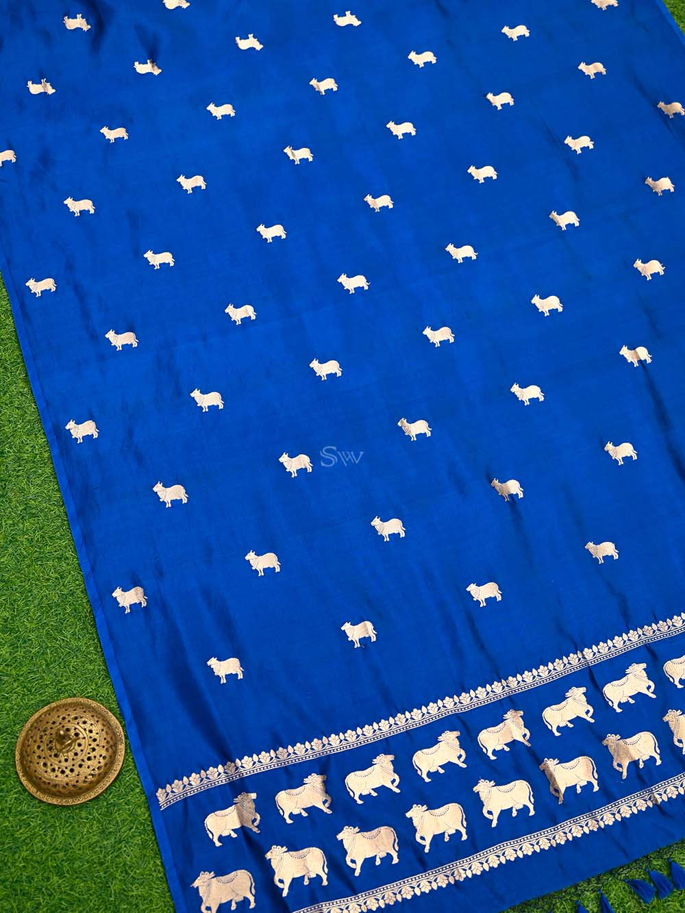 Blue Shikargah Katan Silk Handloom Banarasi Dupatta - Sacred Weaves