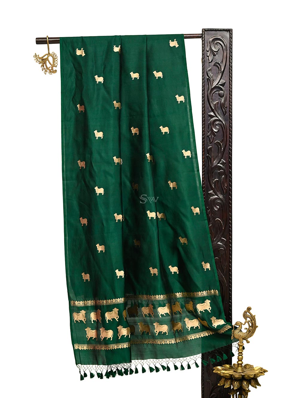 Bottle Green Shikargah Katan Silk Handloom Banarasi Dupatta - Sacred Weaves