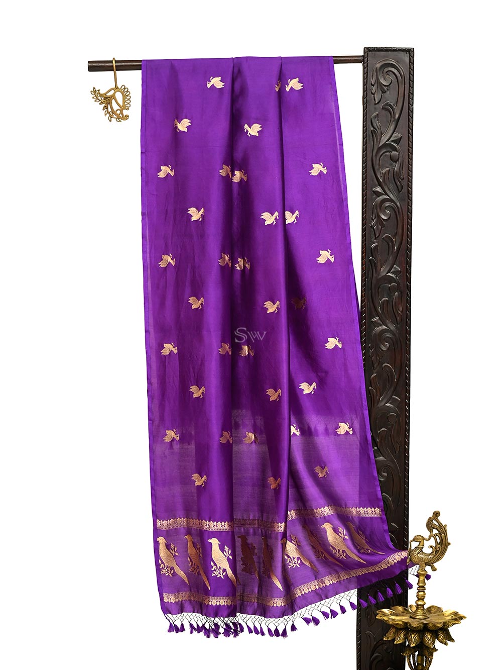 Purple Shikargah Katan Silk Handloom Banarasi Dupatta - Sacred Weaves