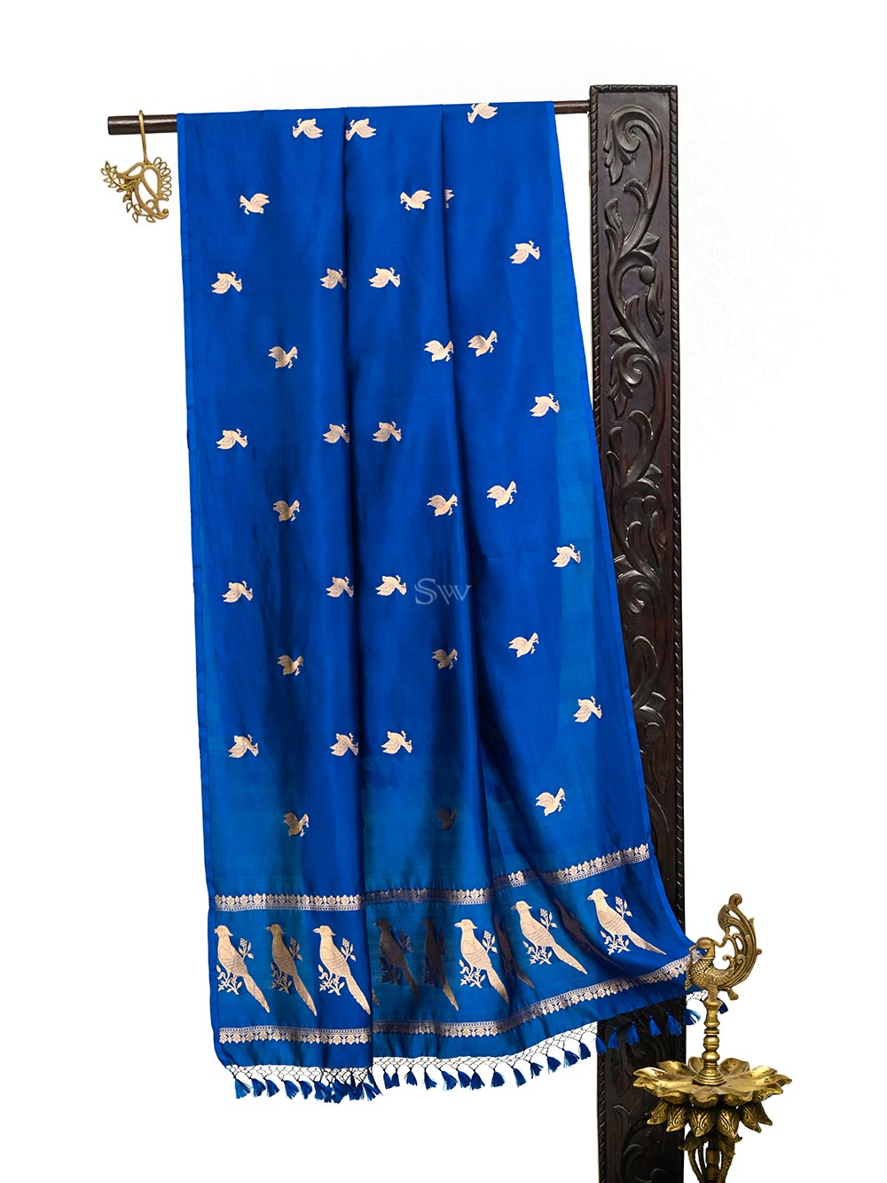 Blue Shikargah Katan Silk Handloom Banarasi Dupatta - Sacred Weaves