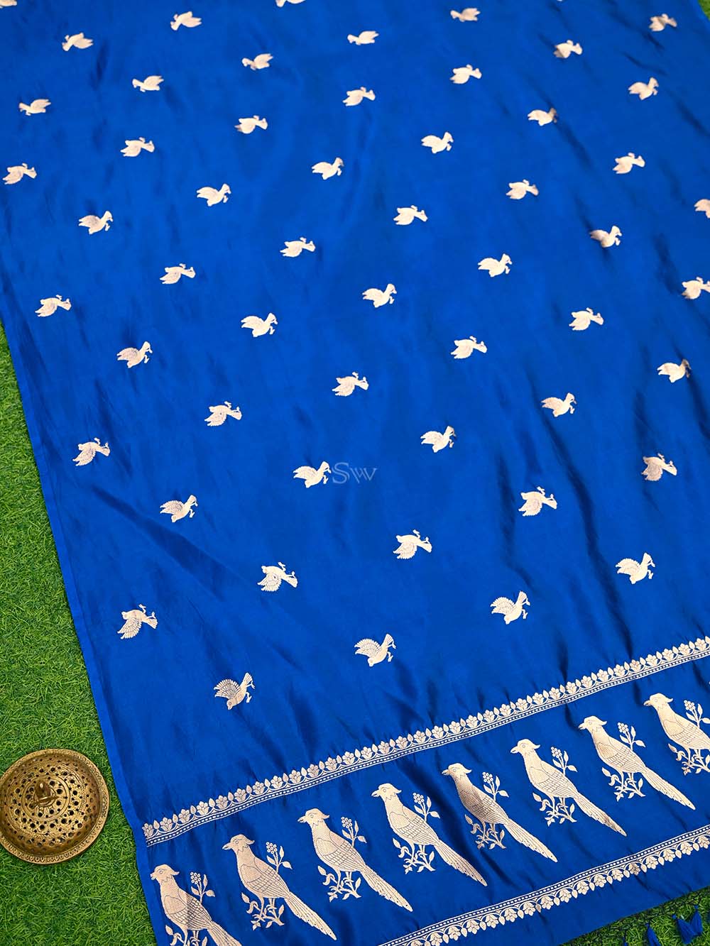Blue Shikargah Katan Silk Handloom Banarasi Dupatta - Sacred Weaves