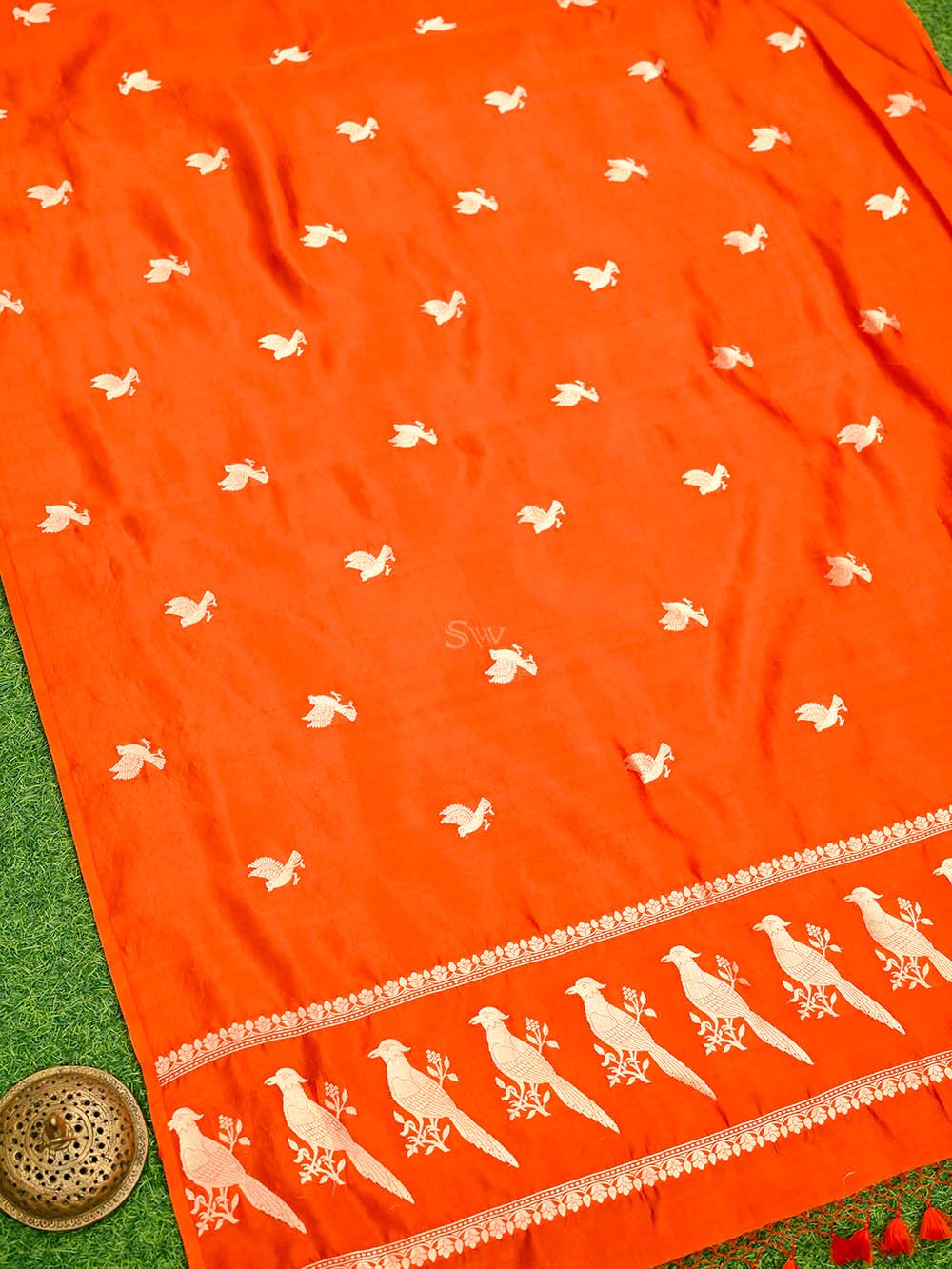 Orange Shikargah Katan Silk Handloom Banarasi Dupatta - Sacred Weaves