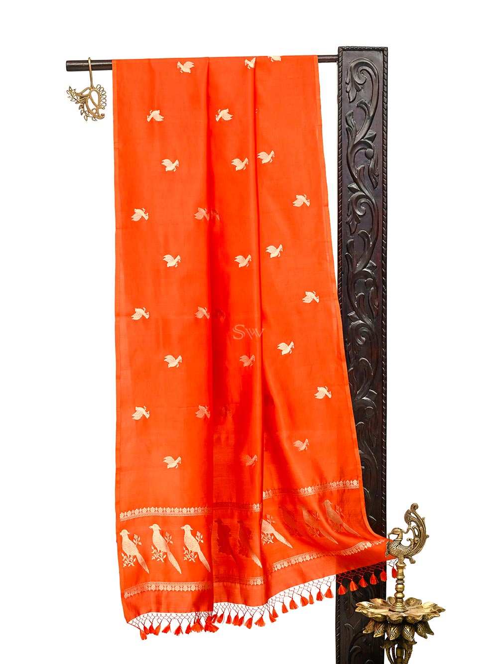 Orange Shikargah Katan Silk Handloom Banarasi Dupatta - Sacred Weaves