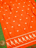 Orange Shikargah Katan Silk Handloom Banarasi Dupatta - Sacred Weaves