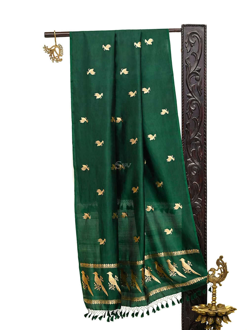 Bottle Green Shikargah Katan Silk Handloom Banarasi Dupatta - Sacred Weaves