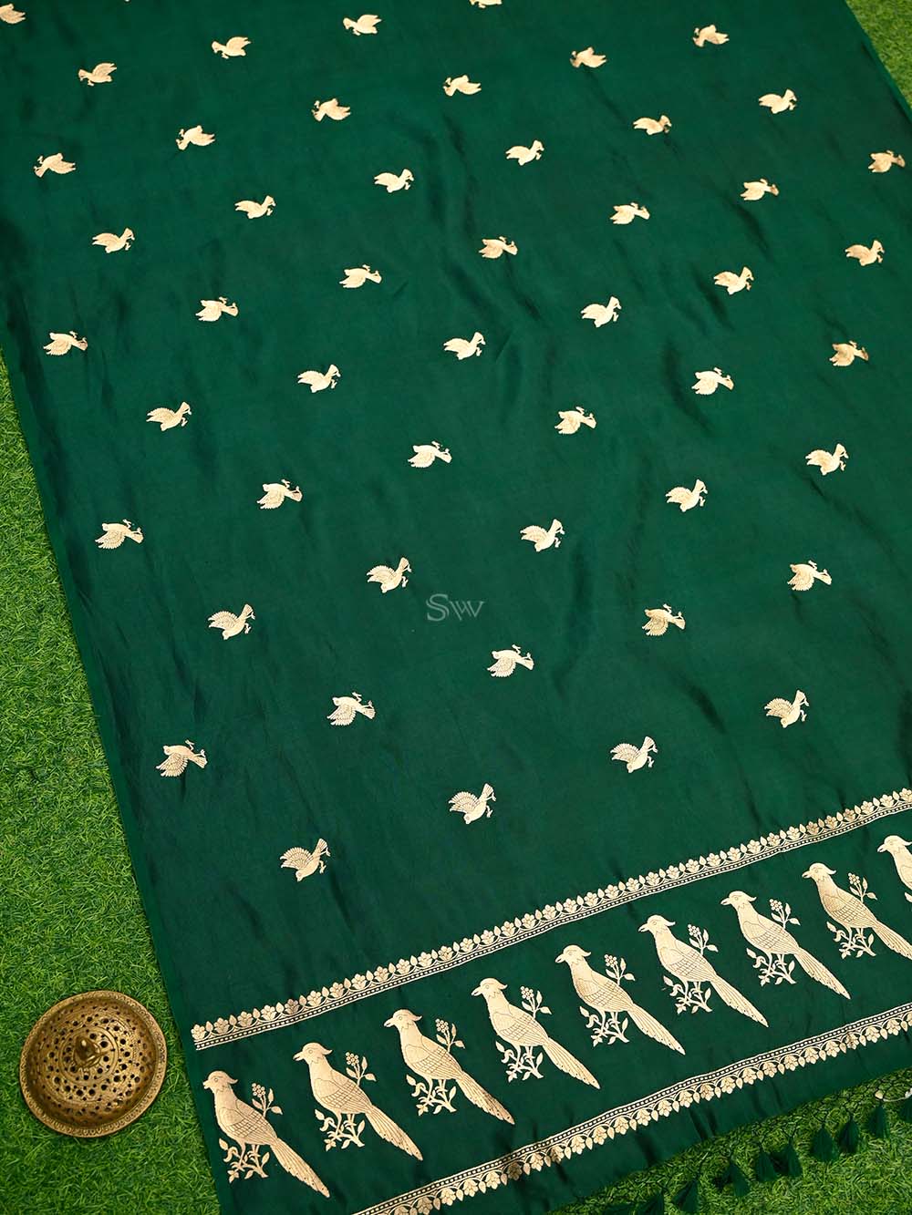 Bottle Green Shikargah Katan Silk Handloom Banarasi Dupatta - Sacred Weaves