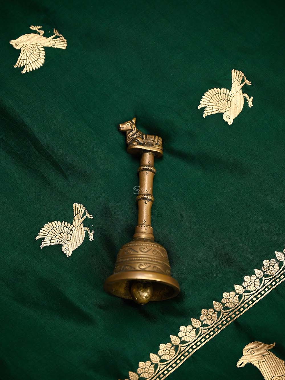Bottle Green Shikargah Katan Silk Handloom Banarasi Dupatta - Sacred Weaves