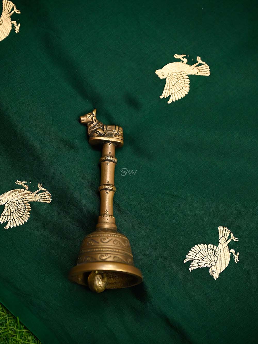 Bottle Green Shikargah Katan Silk Handloom Banarasi Dupatta - Sacred Weaves