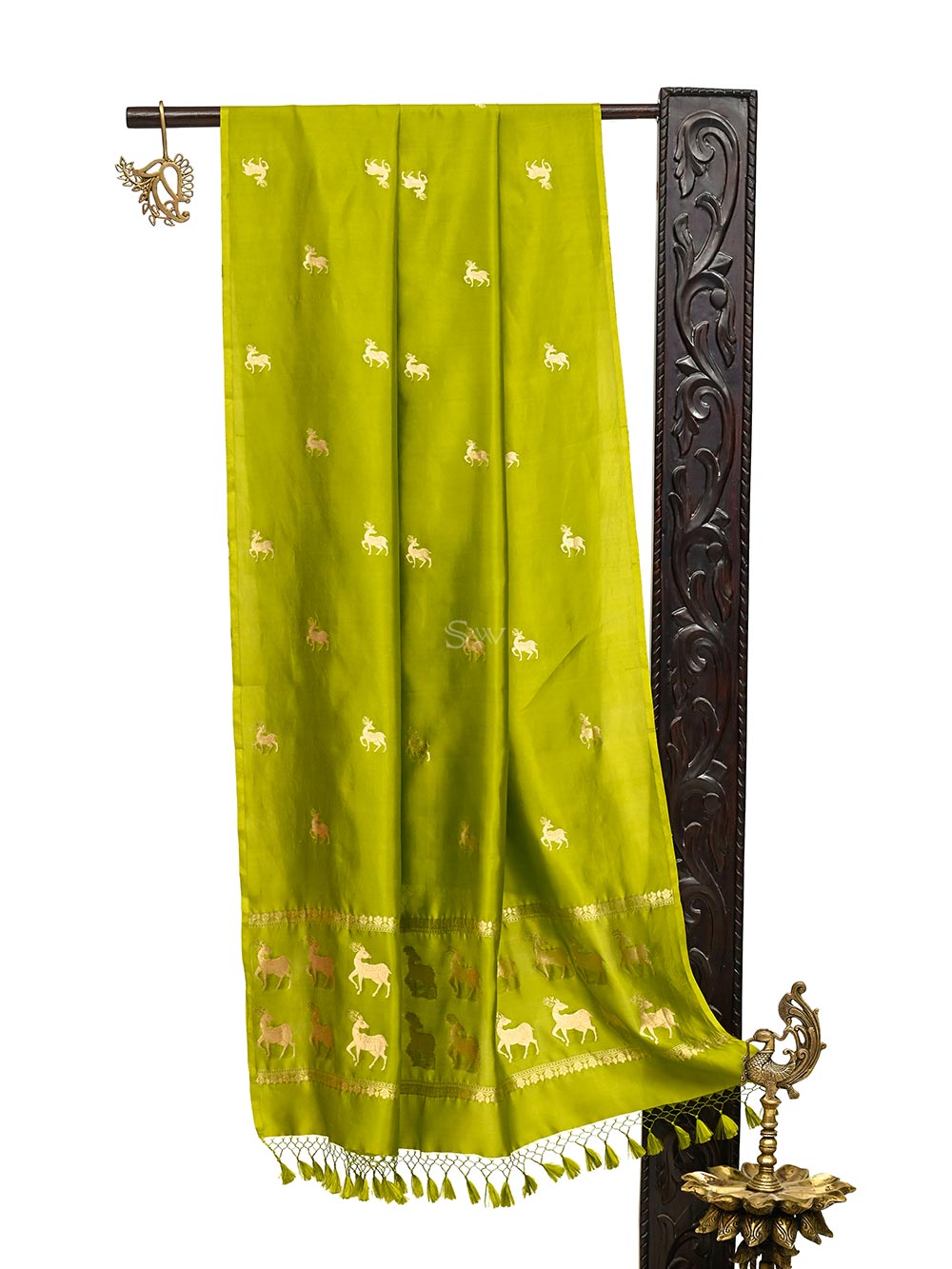 Green Shikargah Katan Silk Handloom Banarasi Dupatta - Sacred Weaves