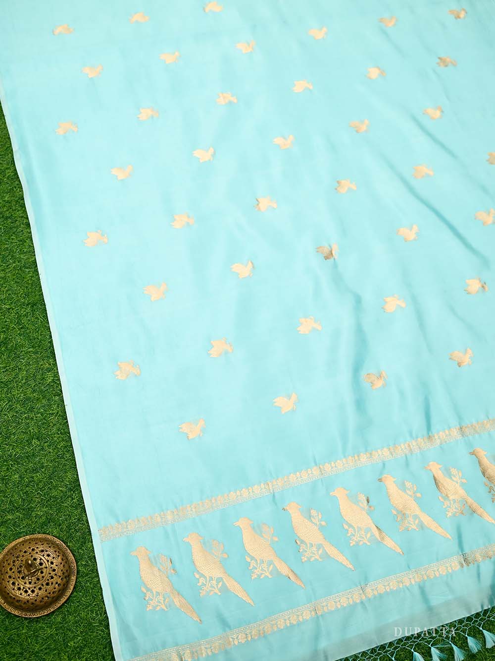 Aqua Blue Plain Katan Silk Handloom Banarasi Suit - Sacred Weaves