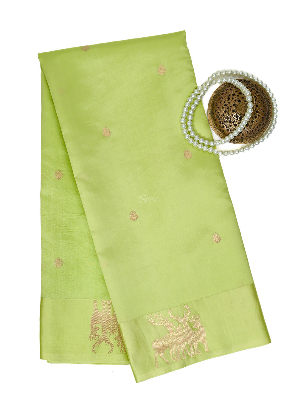 Pastel Lime Green Booti Pure Silk Handloom Banarasi Saree - Sacred Weaves