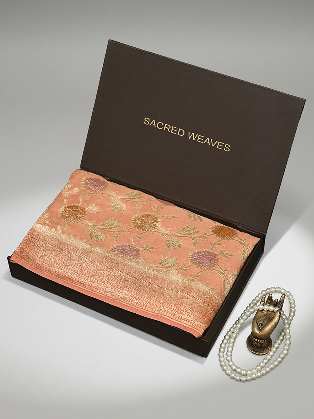 Pastel Peach Rangkat Jaal Khaddi Georgette Handloom Banarasi Saree - Sacred Weaves