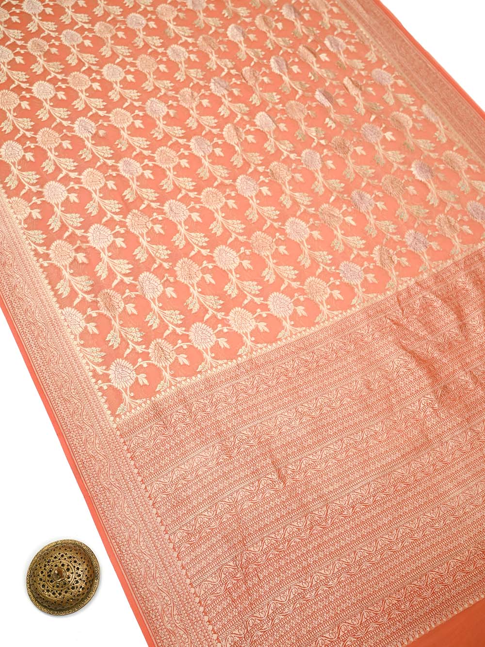 Pastel Peach Rangkat Jaal Khaddi Georgette Handloom Banarasi Saree - Sacred Weaves