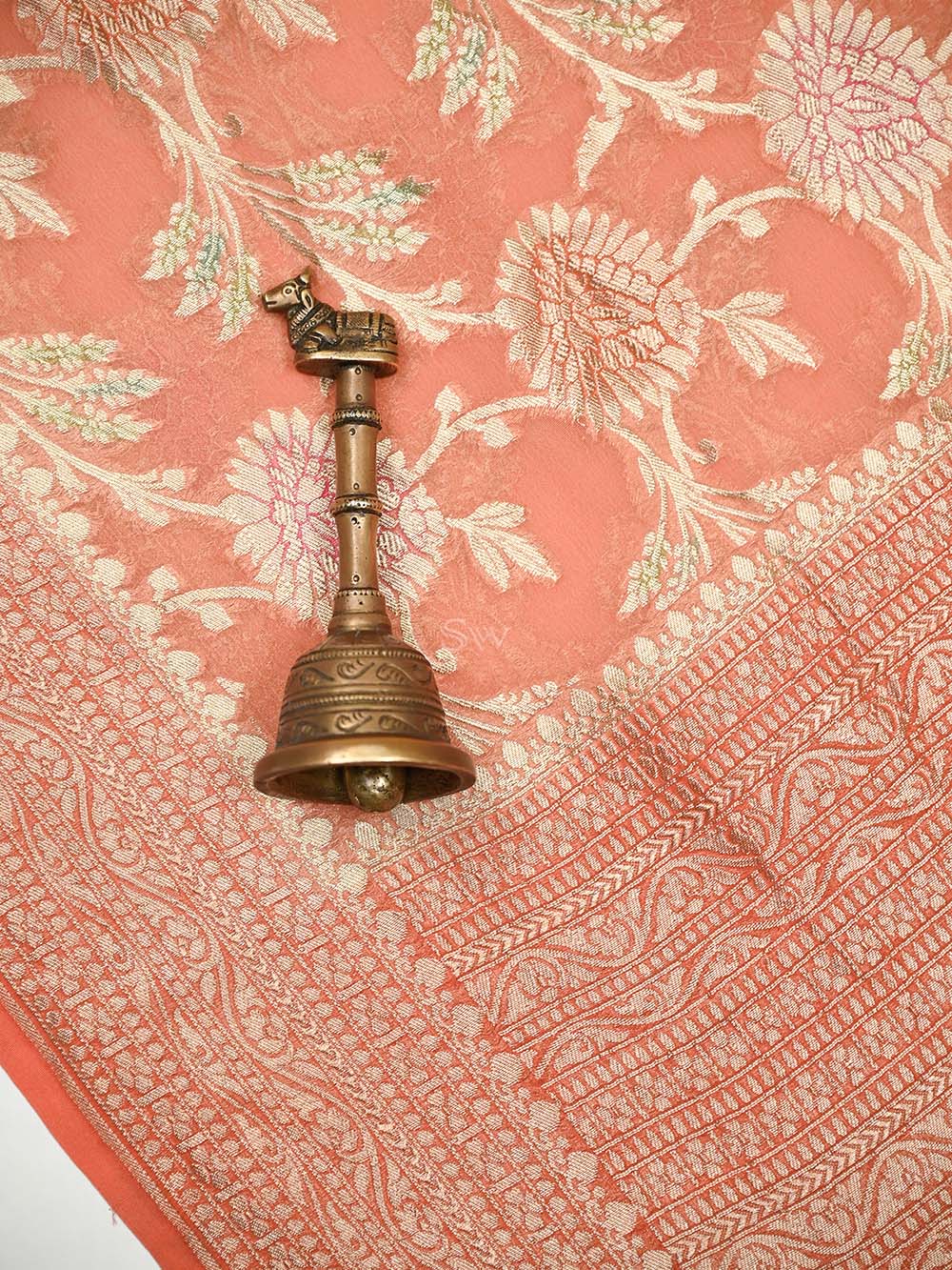 Pastel Peach Rangkat Jaal Khaddi Georgette Handloom Banarasi Saree - Sacred Weaves