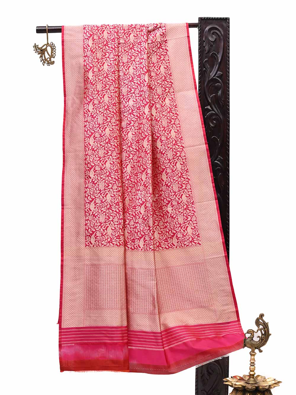 Pink Red Shikargah Jaal Katan Silk Handloom Banarasi Dupatta - Sacred Weaves