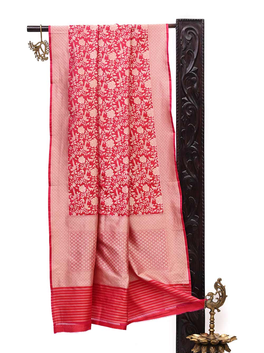 Pink Red Shikargah Jaal Katan Silk Handloom Banarasi Dupatta - Sacred Weaves