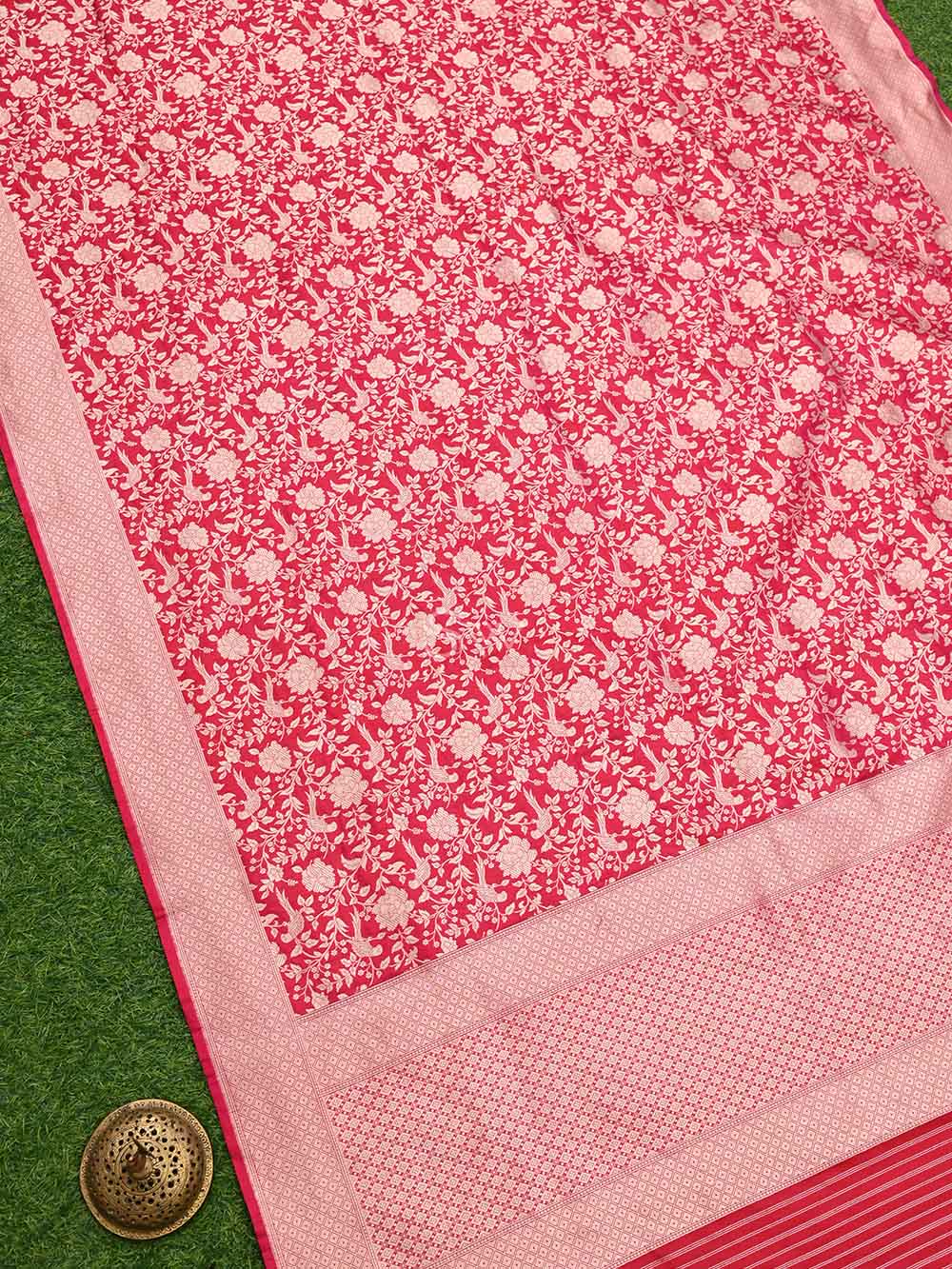 Pink Red Shikargah Jaal Katan Silk Handloom Banarasi Dupatta - Sacred Weaves