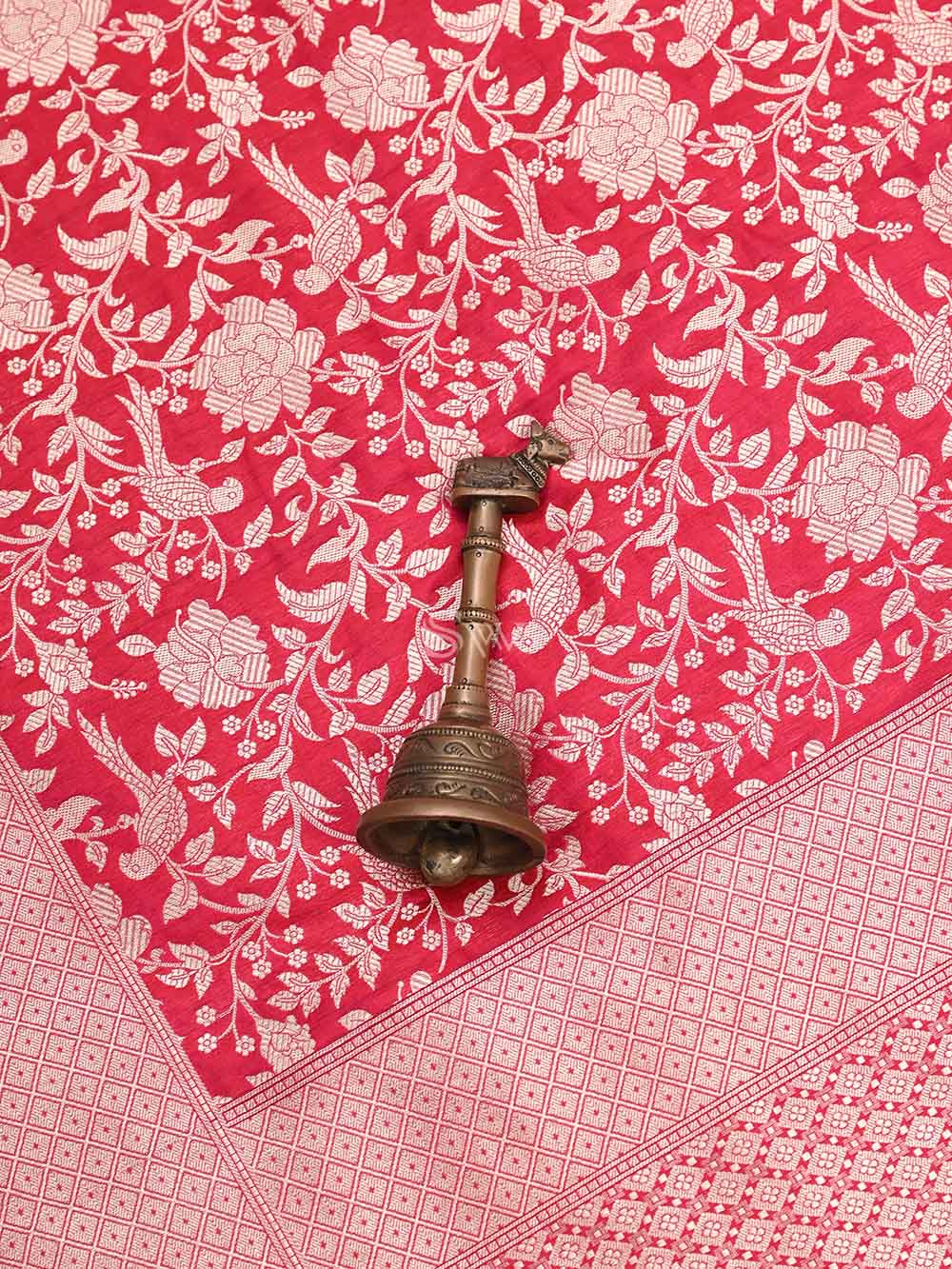 Pink Red Shikargah Jaal Katan Silk Handloom Banarasi Dupatta - Sacred Weaves