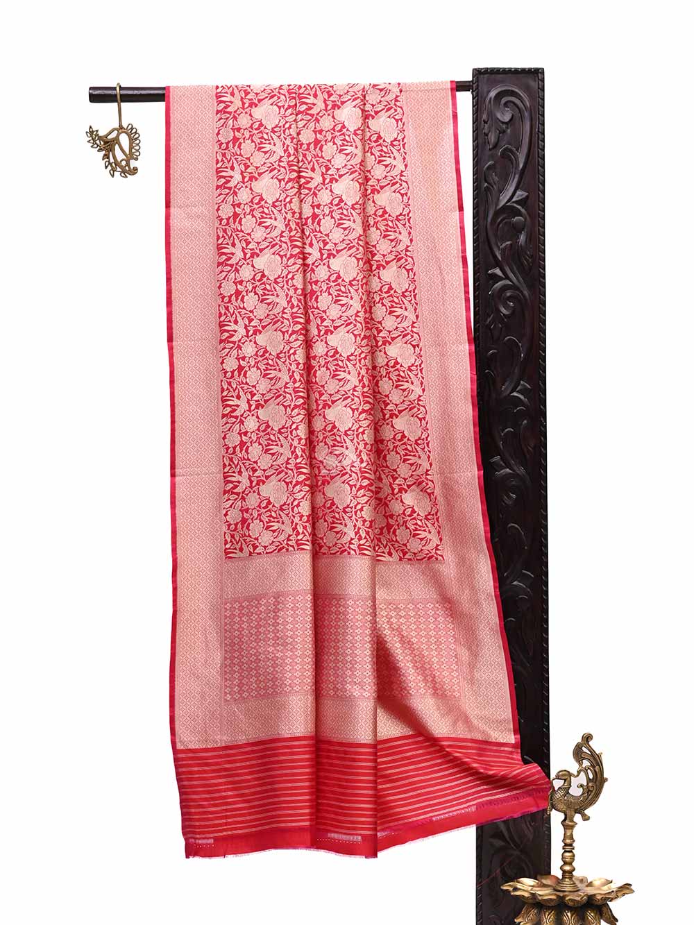 Dark Pink Shikargah Jaal Katan Silk Handloom Banarasi Dupatta - Sacred Weaves