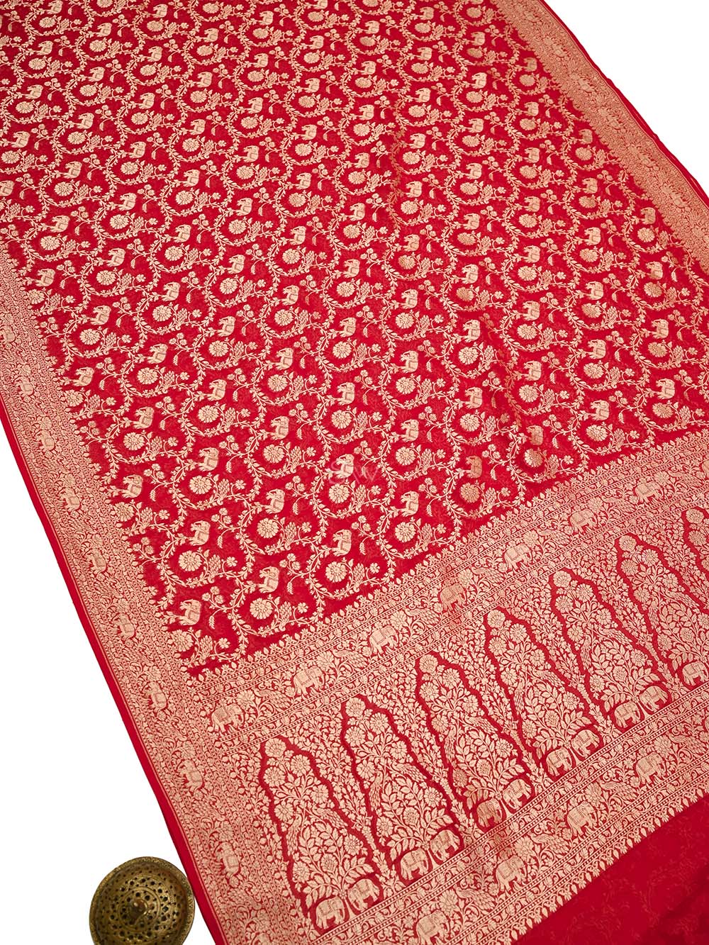 Red Jaal Khaddi Georgette Handloom Banarasi Saree - Sacred Weaves