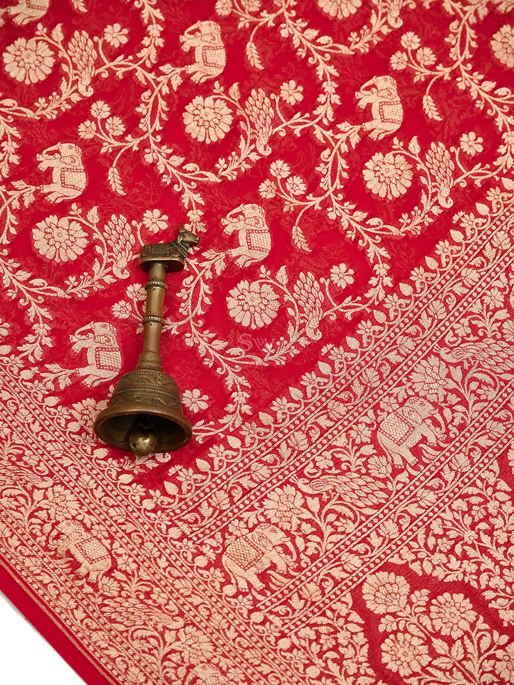 Red Jaal Khaddi Georgette Handloom Banarasi Saree - Sacred Weaves