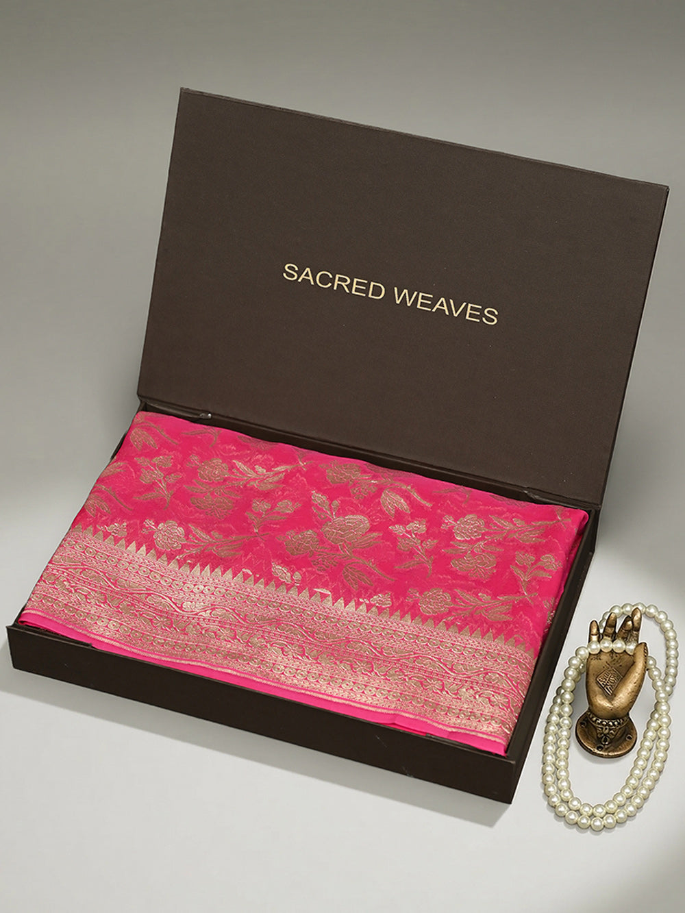 Bright Pink Jaal Khaddi Georgette Handloom Banarasi Saree - Sacred Weaves