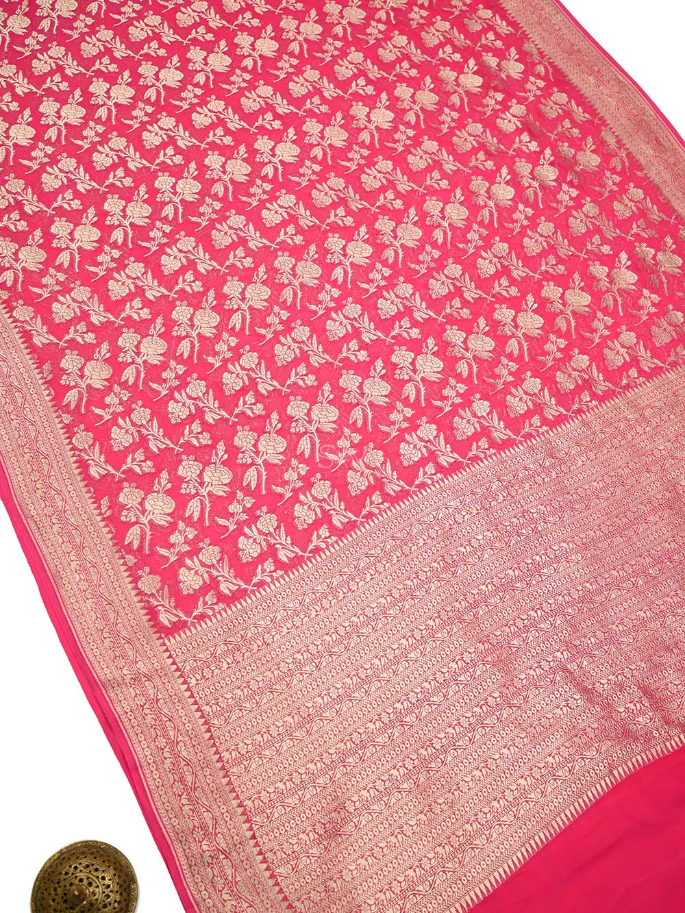 Bright Pink Jaal Khaddi Georgette Handloom Banarasi Saree - Sacred Weaves