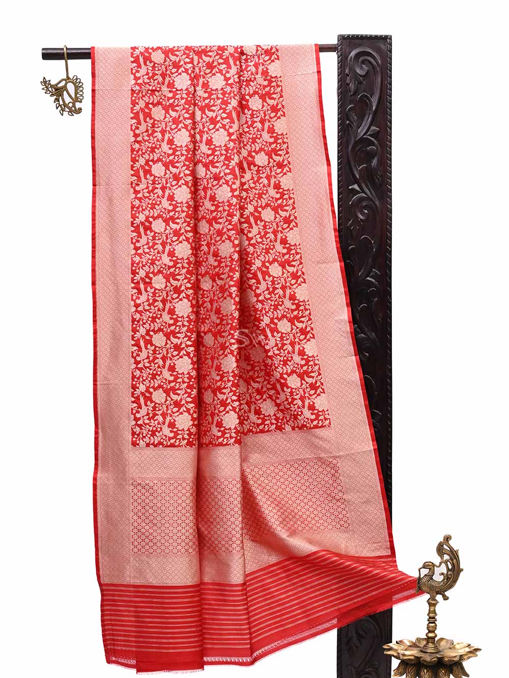 Red Shikargah Jaal Katan Silk Handloom Banarasi Dupatta - Sacred Weaves