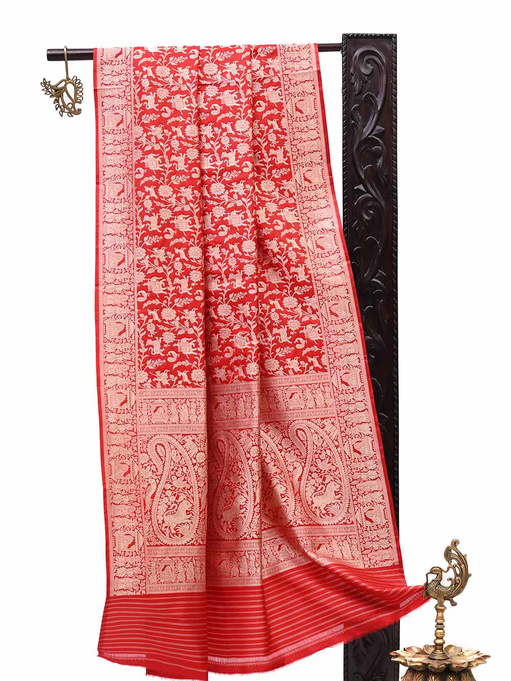 Red Shikargah Jaal Katan Silk Handloom Banarasi Dupatta - Sacred Weaves