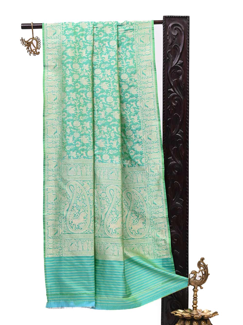 Sea Green Shikargah Jaal Katan Silk Handloom Banarasi Dupatta - Sacred Weaves