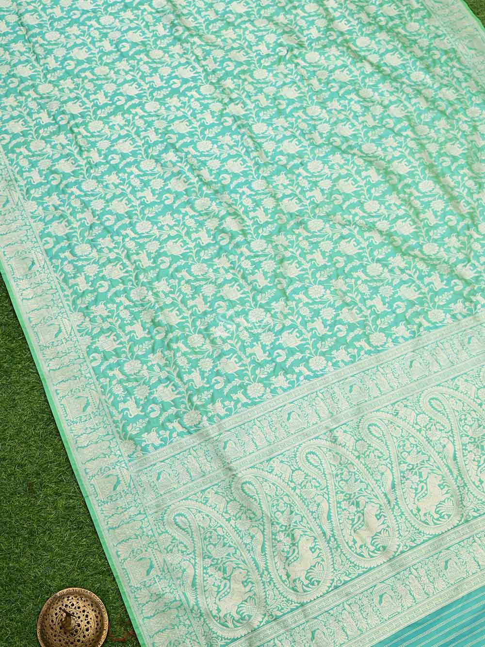 Sea Green Shikargah Jaal Katan Silk Handloom Banarasi Dupatta - Sacred Weaves