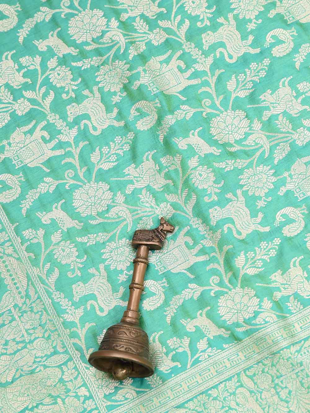 Sea Green Shikargah Jaal Katan Silk Handloom Banarasi Dupatta - Sacred Weaves