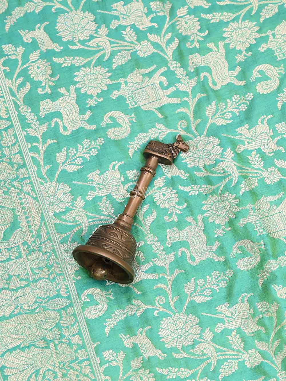Sea Green Shikargah Jaal Katan Silk Handloom Banarasi Dupatta - Sacred Weaves