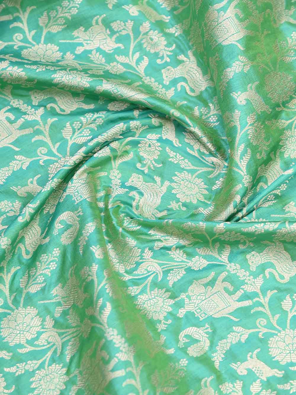 Sea Green Shikargah Jaal Katan Silk Handloom Banarasi Dupatta - Sacred Weaves
