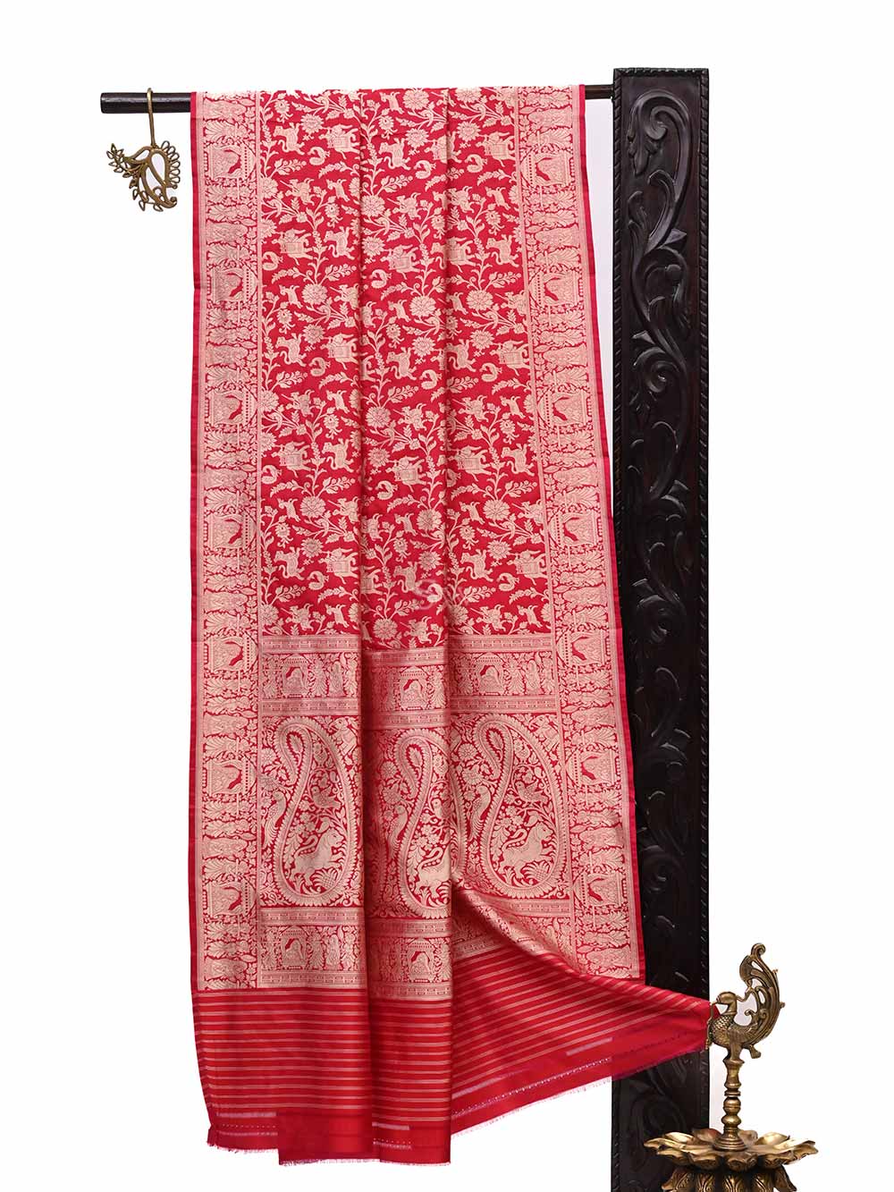 Pink Red Shikargah Jaal Katan Silk Handloom Banarasi Dupatta - Sacred Weaves