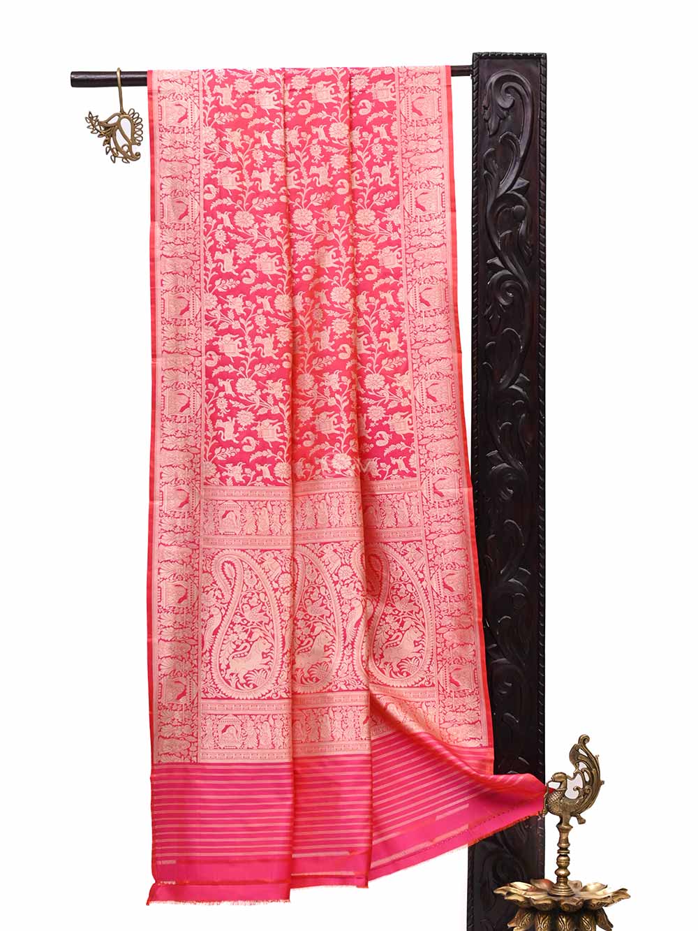 Pink Orange Shikargah Jaal Katan Silk Handloom Banarasi Dupatta - Sacred Weaves