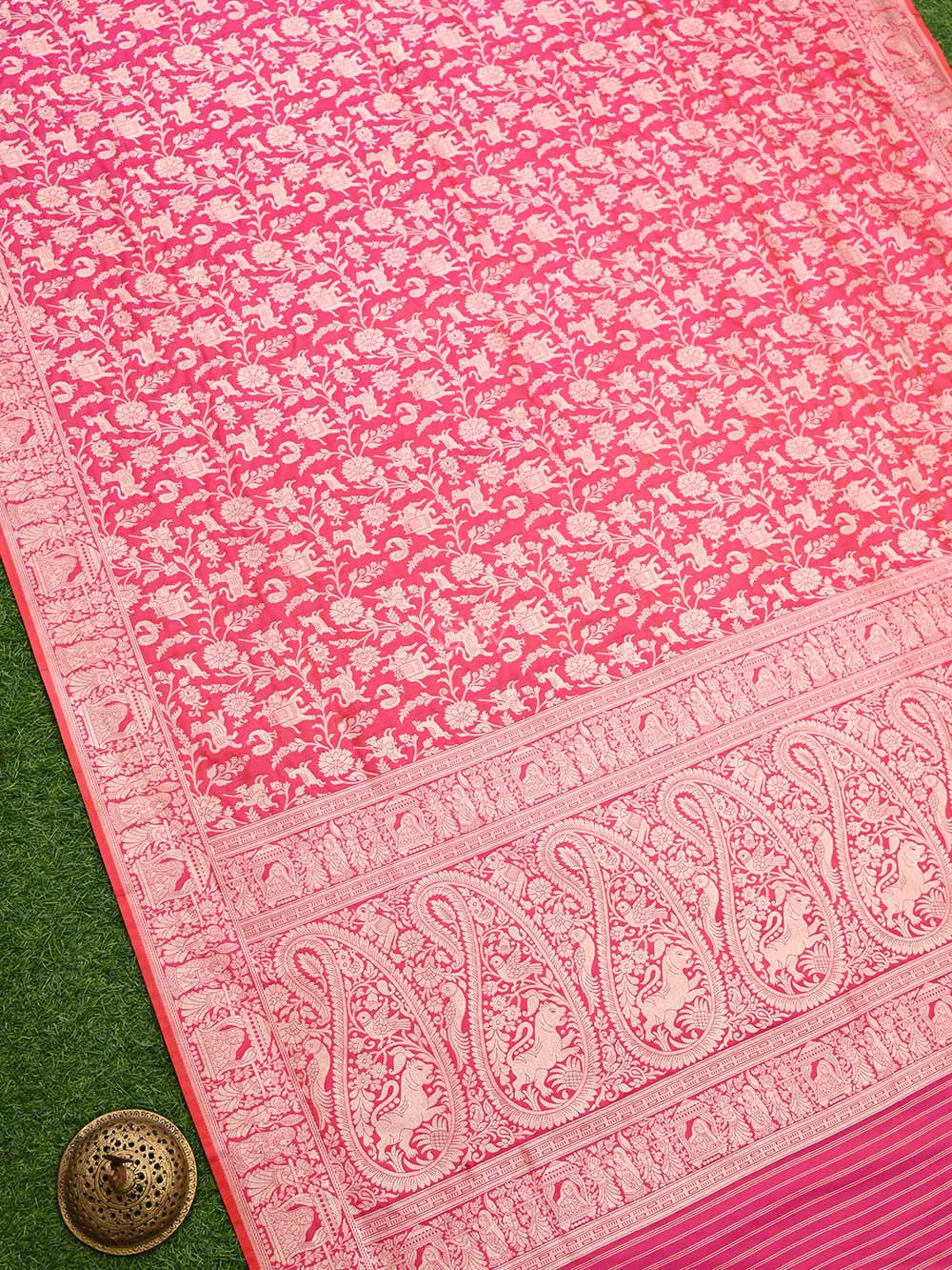 Pink Orange Shikargah Jaal Katan Silk Handloom Banarasi Dupatta - Sacred Weaves