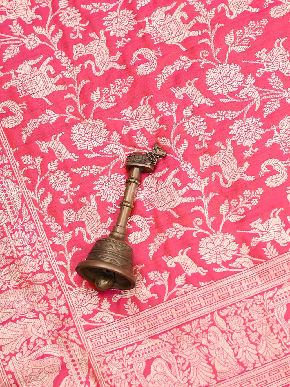 Pink Orange Shikargah Jaal Katan Silk Handloom Banarasi Dupatta - Sacred Weaves