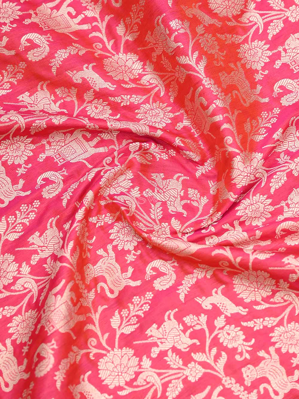 Pink Orange Shikargah Jaal Katan Silk Handloom Banarasi Dupatta - Sacred Weaves