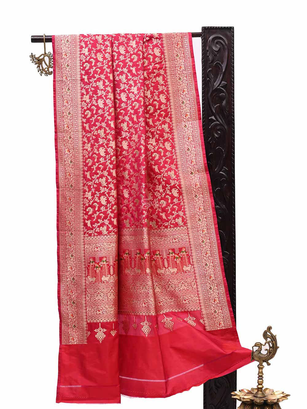 Pink Red Meenakari Jaal Katan Silk Handloom Banarasi Dupatta - Sacred Weaves