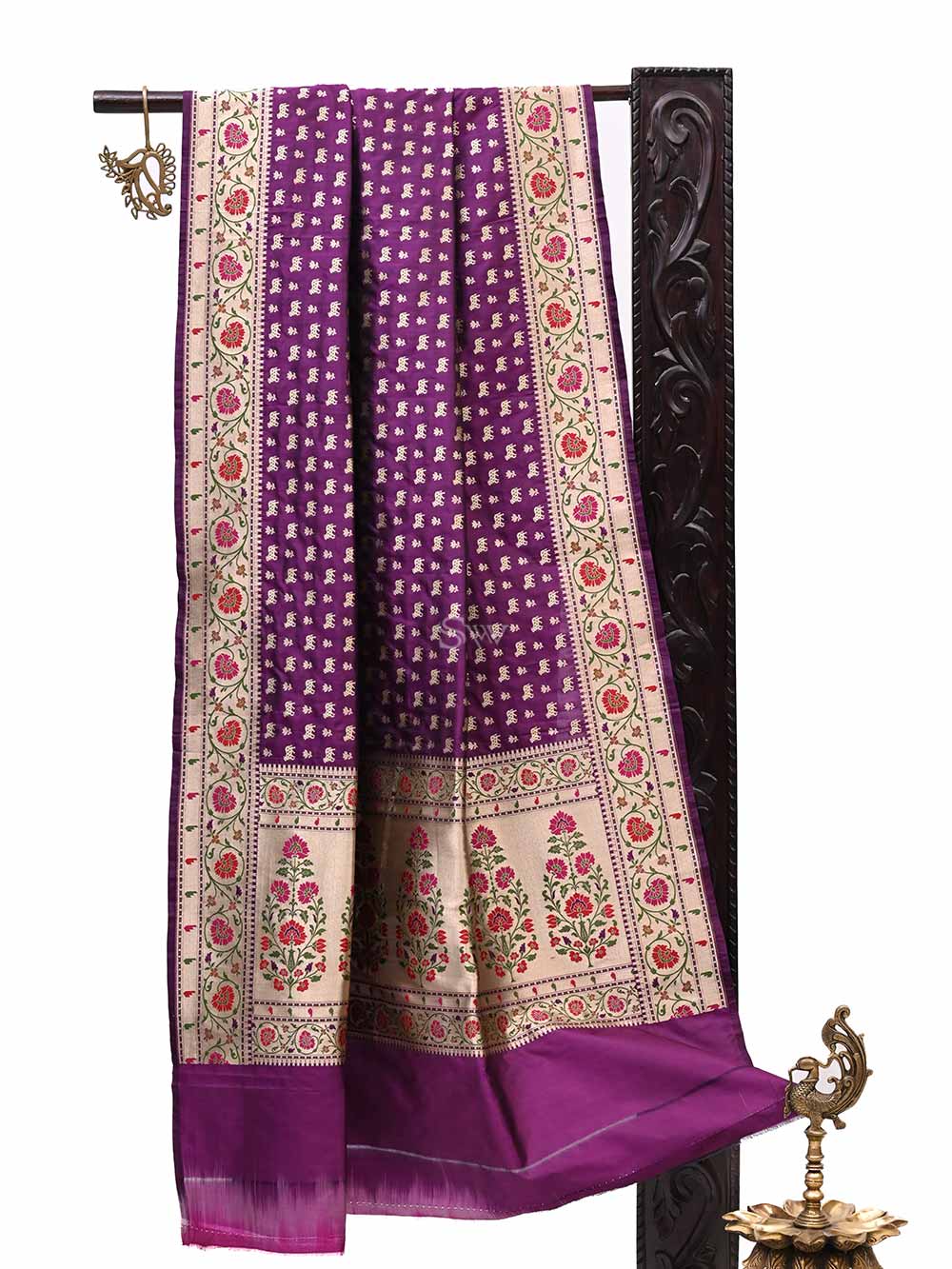 Dark Purple Paithani Shikargah Katan Silk Handloom Banarasi Dupatta - Sacred Weaves